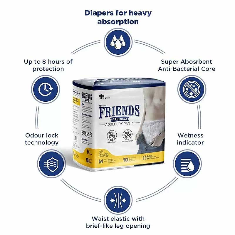 Friends Classic Adult Diapers Pants Style - 10 Count (xl) - Waist Size  30-56 Inch ;76-142cm - Medanand