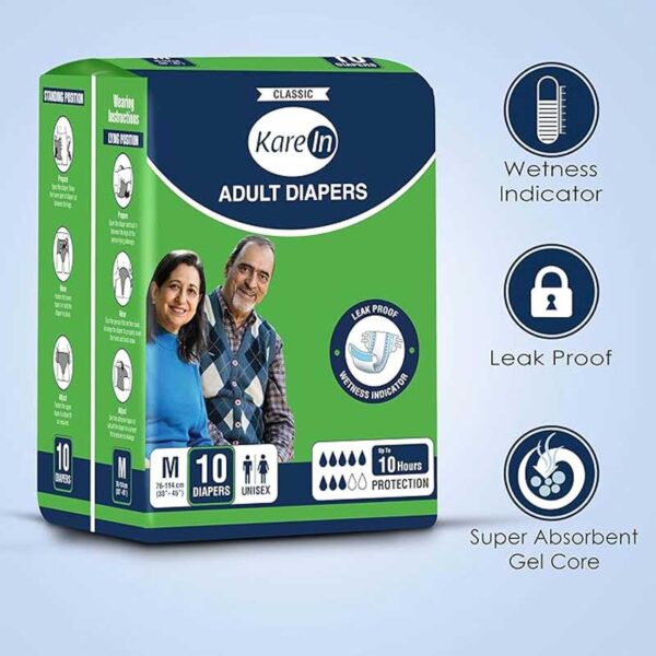 KareIn Classic Adult Diapers, Medium, Waist Size 76-114 Cm (30"-45"), Tape Style, Unisex, High Absorbency, Leak Proof, Wetness Indicator, 10 Count