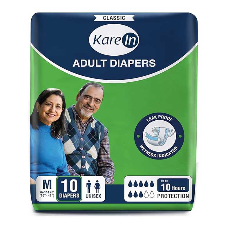 KareIn Classic Adult Diapers, Medium, Waist Size 76-114 Cm (30"-45"), Tape Style, Unisex, High Absorbency, Leak Proof, Wetness Indicator, 10 Count