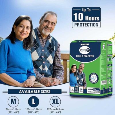 KareIn Classic Adult Diapers, Large, Waist Size 101-139 Cm (40"-55"), Tape Style, Unisex, High Absorbency, Leak Proof, Wetness Indicator, 10 Count