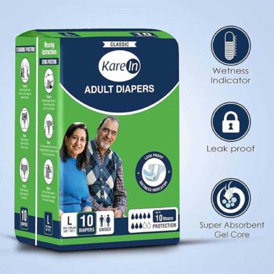 KareIn Classic Adult Diapers, Large, Waist Size 101-139 Cm (40"-55"), Tape Style, Unisex, High Absorbency, Leak Proof, Wetness Indicator, 10 Count