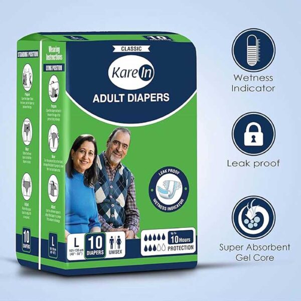 KareIn Classic Adult Diapers, Large, Waist Size 101-139 Cm (40"-55"), Tape Style, Unisex, High Absorbency, Leak Proof, Wetness Indicator, 10 Count