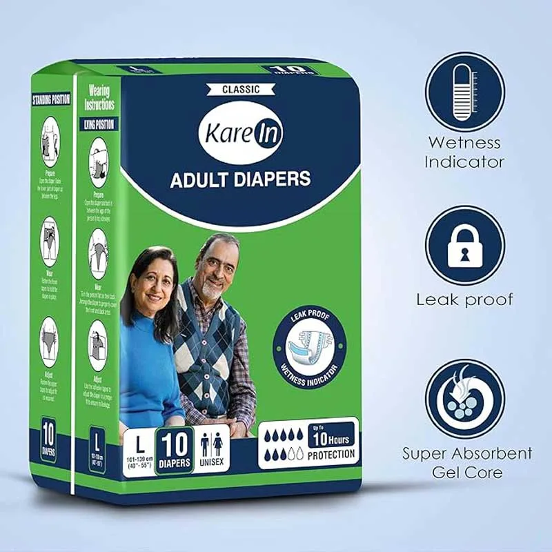 KareIn Classic Adult Diapers, Large, Waist Size 101-139 Cm (40"-55"), Tape Style, Unisex, High Absorbency, Leak Proof, Wetness Indicator, 10 Count