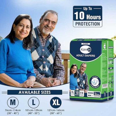 KareIn Classic Adult Diapers, Extra Large, Waist Size 127-165 Cm (50"-65"), Tape Style, Unisex, High Absorbency, Leak Proof, Wetness Indicator, 10 Count