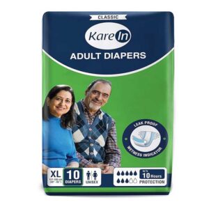 KareIn Classic Adult Diapers, Extra Large, Waist Size 127-165 Cm (50"-65"), Tape Style, Unisex, High Absorbency, Leak Proof, Wetness Indicator, 10 Count