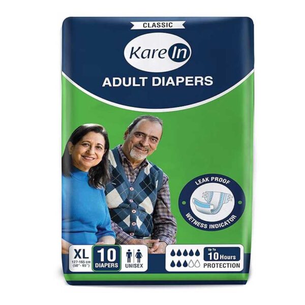 KareIn Classic Adult Diapers, Extra Large, Waist Size 127-165 Cm (50"-65"), Tape Style, Unisex, High Absorbency, Leak Proof, Wetness Indicator, 10 Count